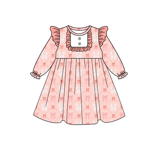 Preorder (moq 5)Baby Girls Coral Bows Ruffle Knee Length Dresses 8.14