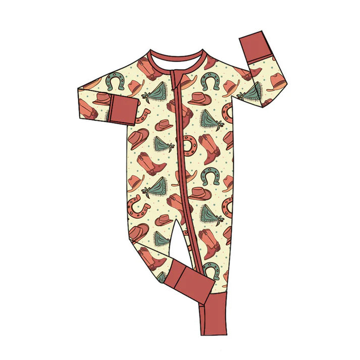 Preorder (moq 5)Baby Boys Boots Hats Western Two Way Zip Convertible Rompers 11.8