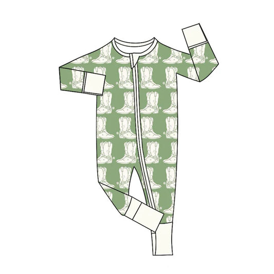 Preorder (moq 5)Baby Boys Green Boots Plaid Western Two Way Zip Convertible Rompers 11.8