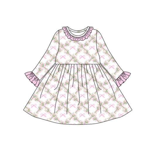 Preorder(moq 5) Baby Girls Long Ruffle Sleeves Pink Bows Flowers Plaid Knee Length Dresses 7.24