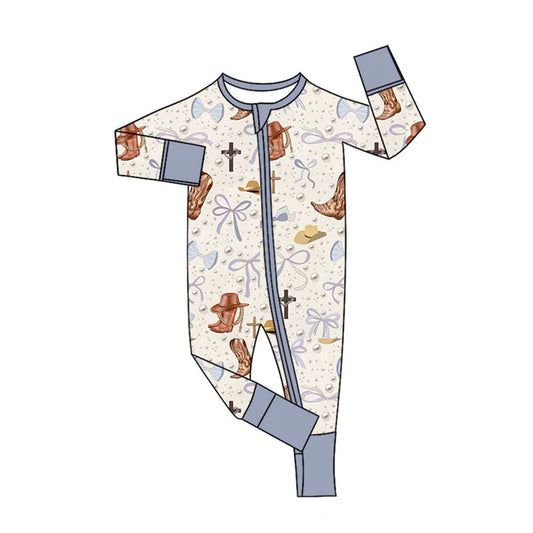 Preorder (moq 5)Baby Boys Boots Hats Bows Western Two Way Zip Convertible Rompers 11.8
