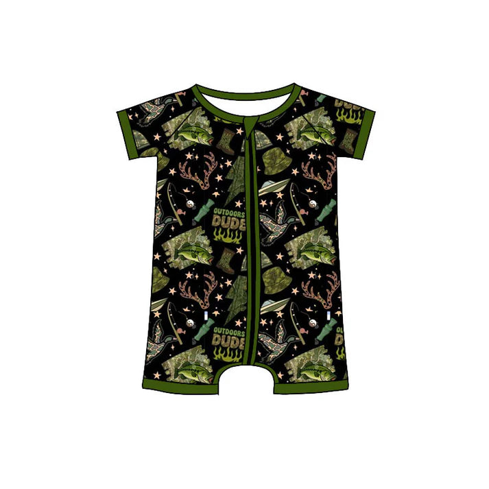 Preorder (moq 5)Baby Boys Green Deer Ducks Fishing Hunting Zipper Shorts Rompers 11.8