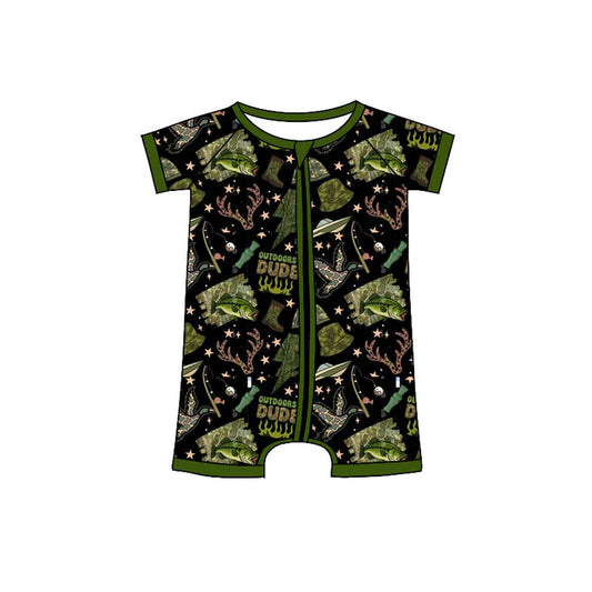 Preorder (moq 5)Baby Boys Green Deer Ducks Fishing Hunting Zipper Shorts Rompers 11.8