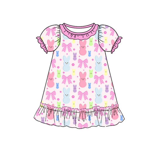 Preorder (moq 8)Baby Girls Colorful Flowers Rabbits Easter Ruffle Knee Length Dresses 9.17