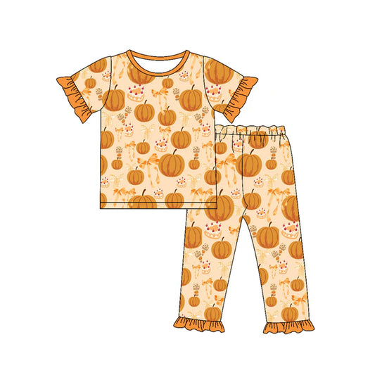 preorder(MOQ 5)Baby Girls Orange Short Ruffle Sleeves Pumpkins Plaid Top Pants Pajamas Set 5.10