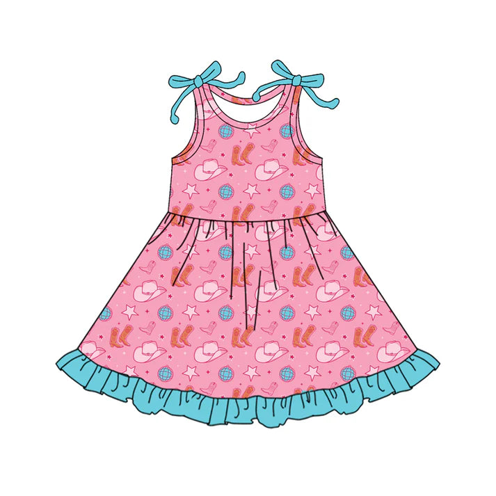 Preorder (moq 5)Baby Girls Bows Sleeveless Boots Hats Western Ruffle Knee Length Dresses 12.18