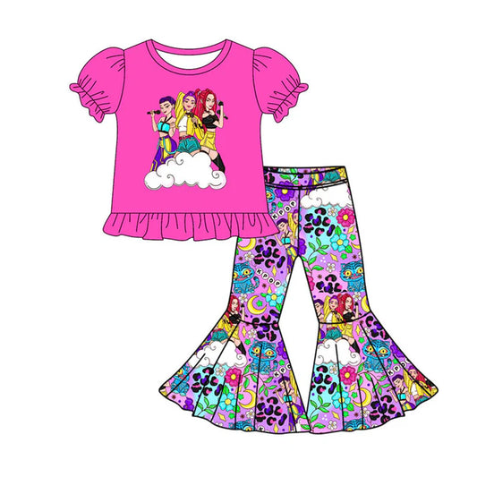 Preorder(moq 5) Baby Girls Cartoon Girls Leopard Ruffle Top Bell Bottom Pants Clothes Sets 10.11
