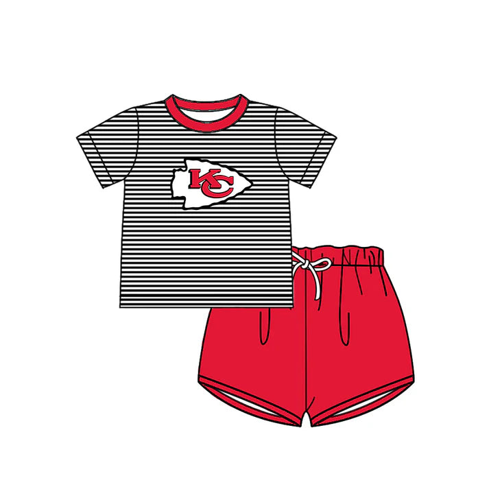 Preorder (moq 5)Baby Boys Black Stripe KC Top Red Shorts Team Clothes Sets 12.15