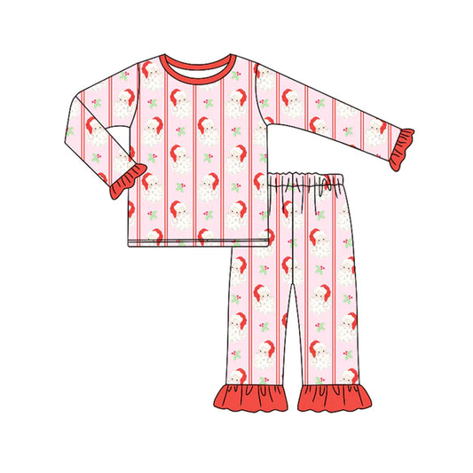 Preorder (moq 5)Baby Girls Red Long Ruffle Sleeves Santa Holly Stripe Top Pant Pajamas Sets 6.18