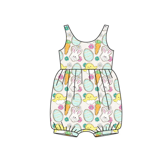 Preorder (moq 5)Baby Girls Sleeveless Rabbits Eggs Flowers Easter Ruffle Rompers 12.13