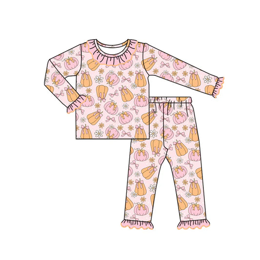preorder(MOQ 5)Baby Girls Pink Long Ruffle Sleeves Pumpkins Bows Top Pants Pajamas Set 5.10