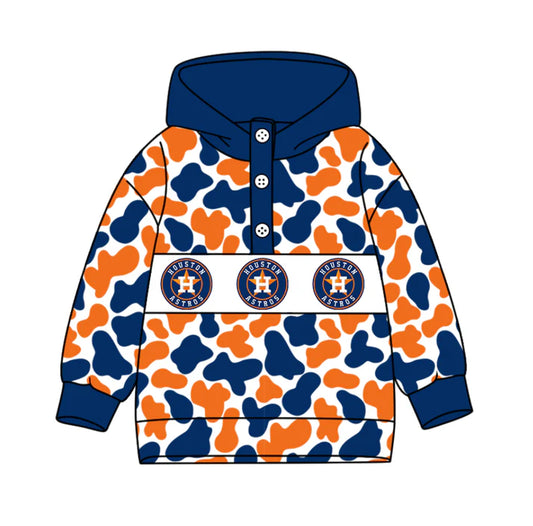 Preorder(moq 5)Baby Boys Blue Orange Camo Houston Team Button Hoodies Top 10.11