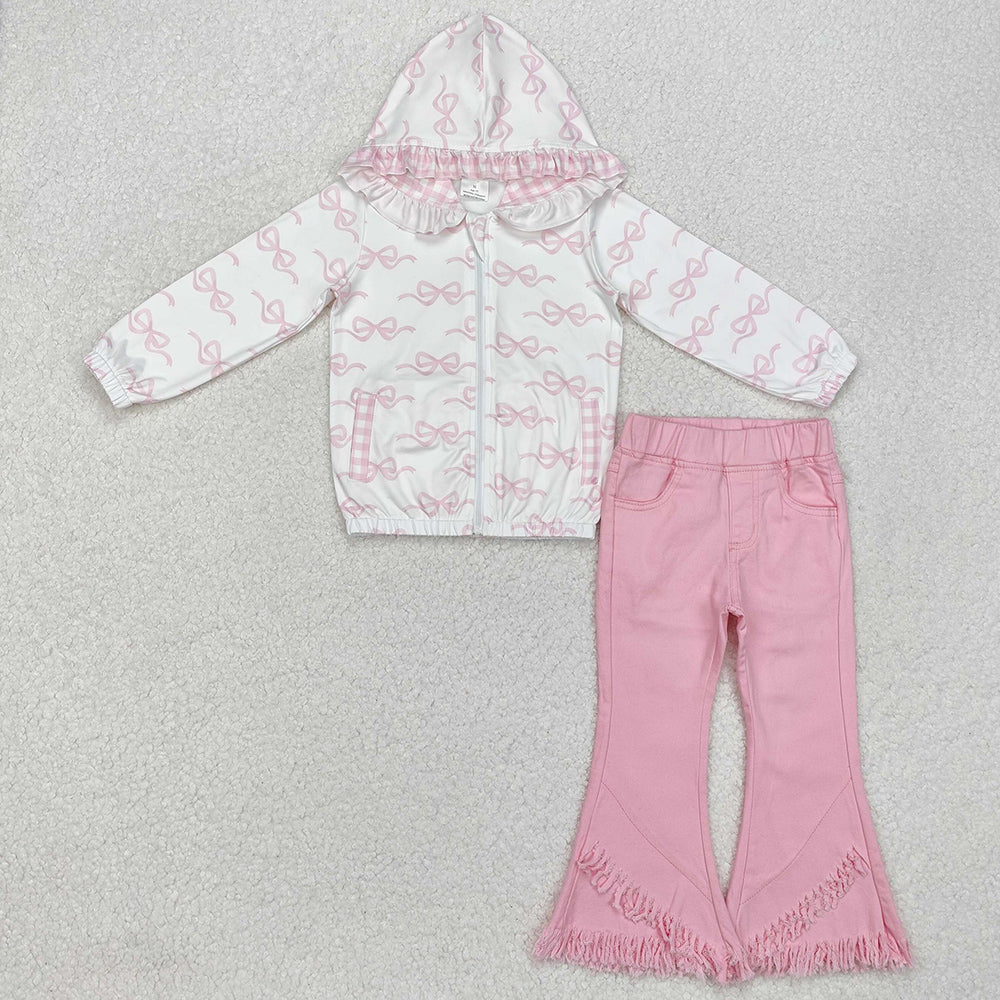 Baby Girls Clothes Spring Bows Pink Hooded Zip Pullovers Top Denim Jeans Sets GLP2324