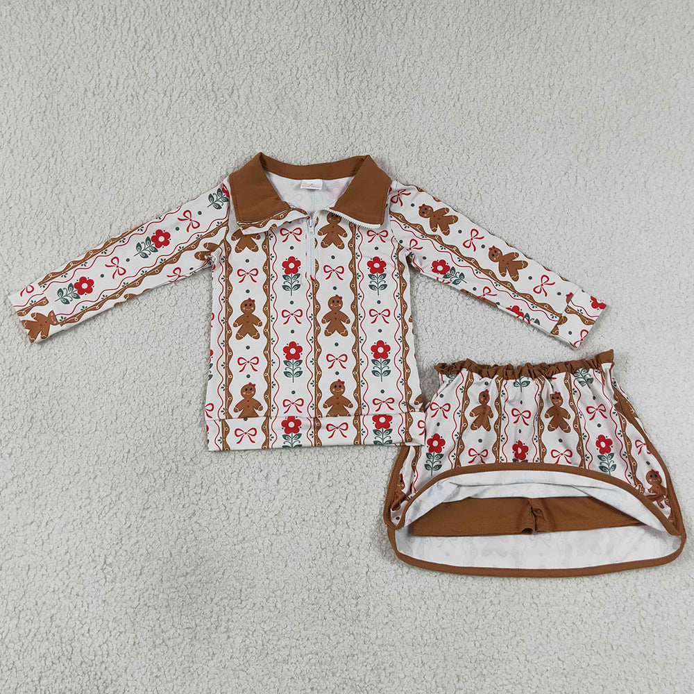 Baby Girls Clothes Flowers Gingerbread Bows Zip Top Skirt Short Christmas Sets GLD1607