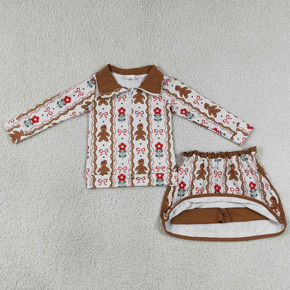 Baby Girls Clothes Flowers Gingerbread Bows Zip Top Skirt Short Christmas Sets GLD1607