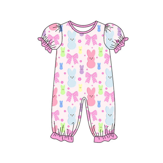 Preorder (moq 8)Baby Girls Colorful Flowers Rabbits Easter Ruffle Footie Rompers 9.17