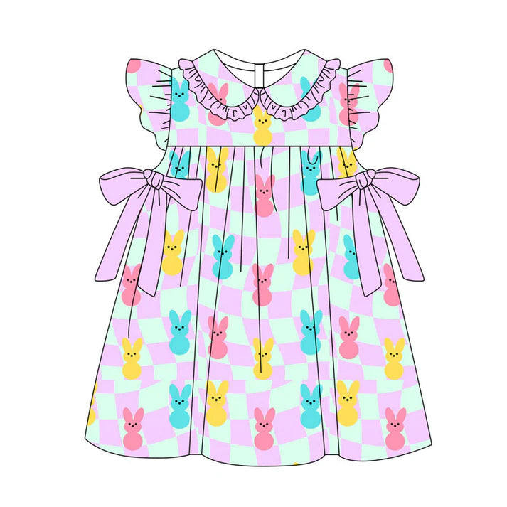 Preorder(moq 5) Baby Girls Lavender Checked Colorful Rabbits Bows Easter Knee Length Dresses 11.11