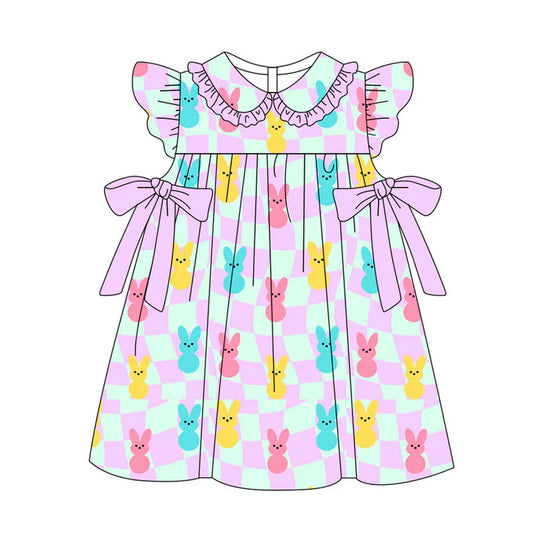 Preorder(moq 5) Baby Girls Lavender Checked Colorful Rabbits Bows Easter Knee Length Dresses 11.11