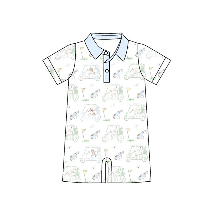 Preorder (moq 5)Baby Boys Light Blue Golf Trucks Button Short Rompers 10.22