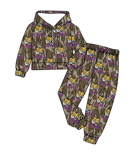 Preorder(moq 5) Baby Boys Olive Camo LSU Tigers Zipper Hoodies Pockets Pants Team Clothes Sets 11.10