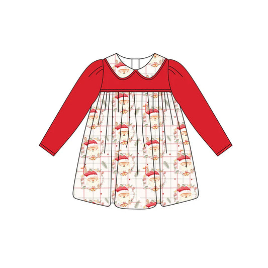 Preorder (moq 5)Baby Girls Red Long Sleeves Santa Plaid Knee Length Dresses 6.11