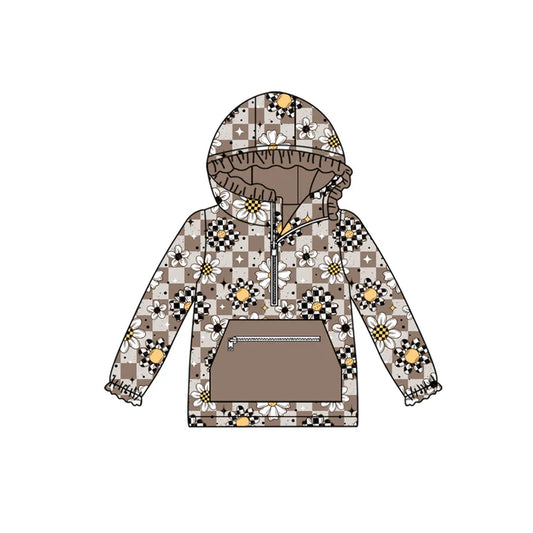 preorder(moq 5) Baby Girls Long Sleeves Khaki Flowers Plaid Pocket Zipper Hoodies Top 7.25