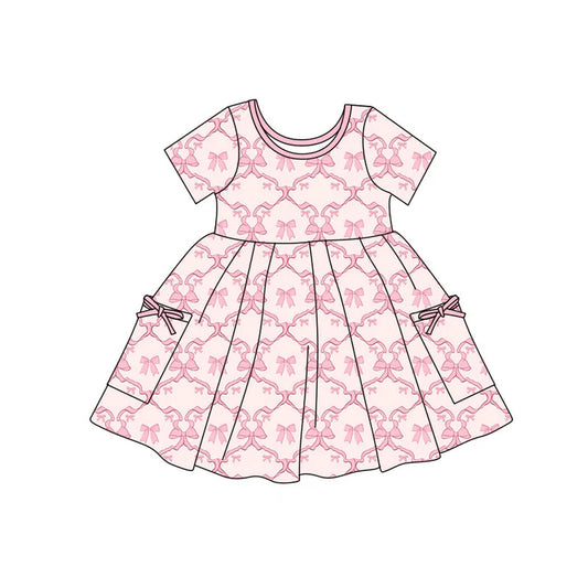 Preorder(moq 5) Baby Girls Pink Bows Checked Pockets Knee Length Dresses 11.4