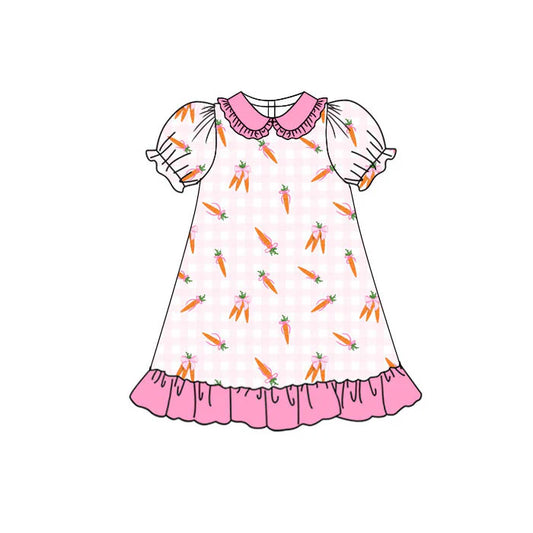 Preorder(moq 5) Baby Girls Pink Checked Bows Carrots Easter Ruffle Knee Length Dresses 11.12