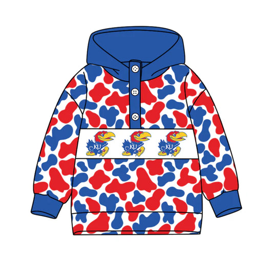 Preorder(moq 5)Baby Boys Blue Red Camo KU Team Button Hoodies Top 10.11