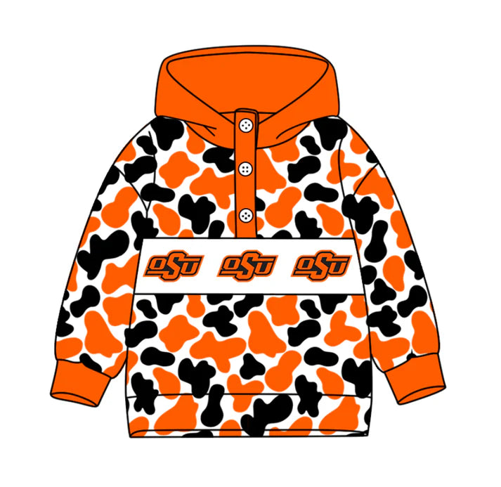 Preorder(moq 5)Baby Boys Black Orange Camo OSU Team Button Hoodies Top 10.11