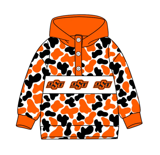 Preorder(moq 5)Baby Boys Black Orange Camo OSU Team Button Hoodies Top 10.11