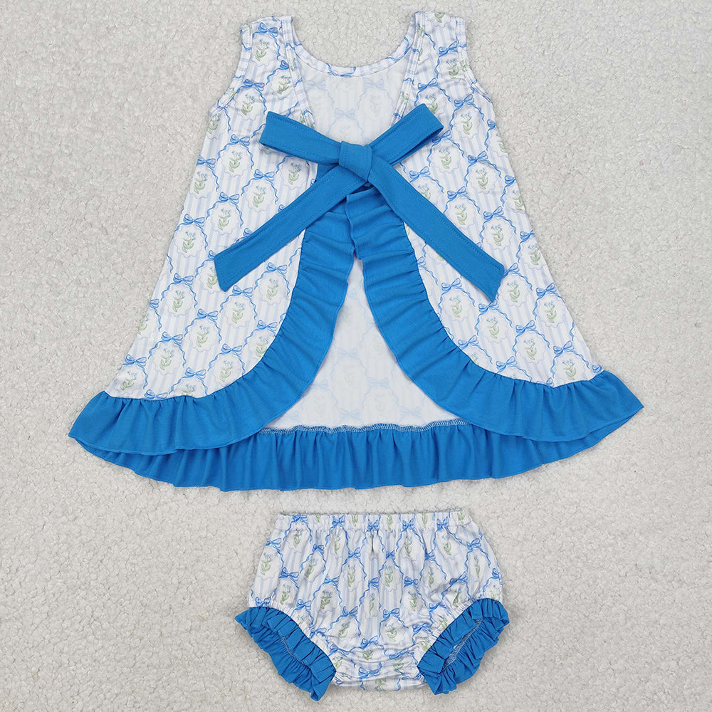 Baby Girls Clothes Blue Bows Ruffle Top Bummies Clothes Sets GBO0450