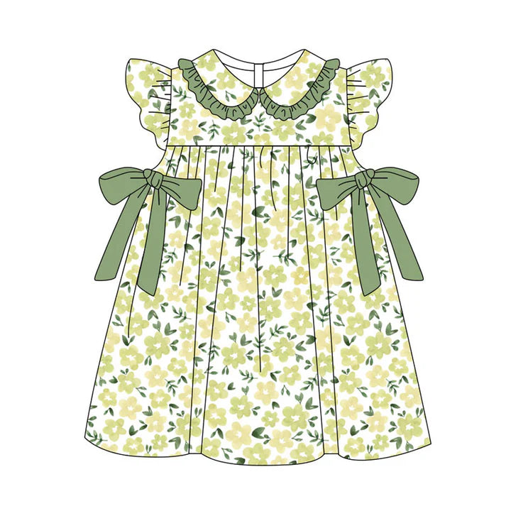 Preorder(moq 5) Baby Girls Flutter Sleeve Green Flowers Bows Knee Length Dresses 11.11