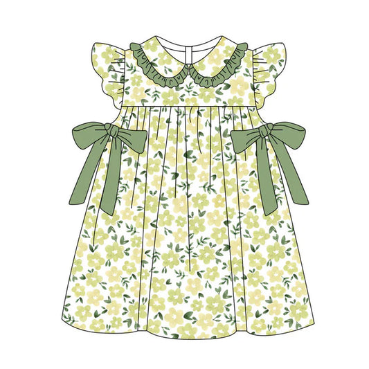 Preorder(moq 5) Baby Girls Flutter Sleeve Green Flowers Bows Knee Length Dresses 11.11