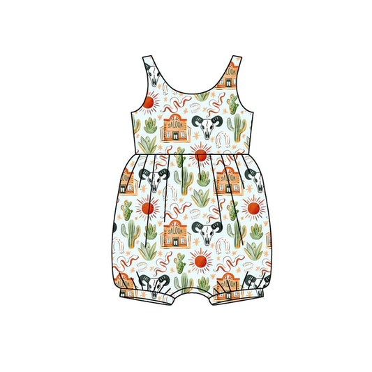 Preorder (moq 5)Baby Girls Sleeveless Cactus Bull Skulls Western Ruffle Rompers 12.13