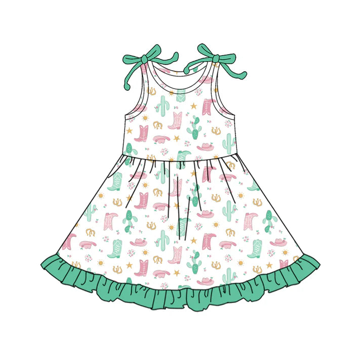 Preorder (moq 5)Baby Girls Bows Sleeveless Boots Hats Cactus Western Ruffle Knee Length Dresses 12.18