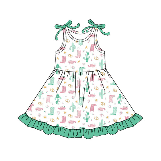 Preorder (moq 5)Baby Girls Bows Sleeveless Boots Hats Cactus Western Ruffle Knee Length Dresses 12.18