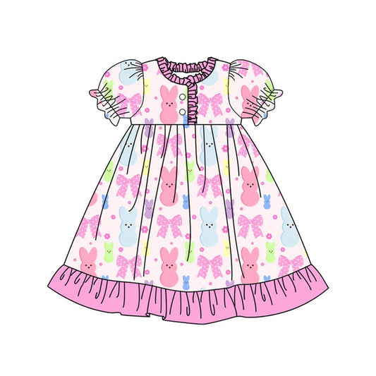 Preorder (moq 8)Baby Girls Colorful Flowers Rabbits Easter Button Ruffle Knee Length Dress 9.16