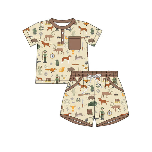 Preorder(moq 5) Baby Boys Deer Dogs Button Top Pocket Shorts Hunting Clothes Sets 10.24