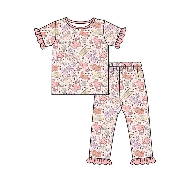 Preorder (moq 5)Baby Girls Rabbits Flowers Top Ruffle Pants on the Hunting Pajamas Sets 11.26