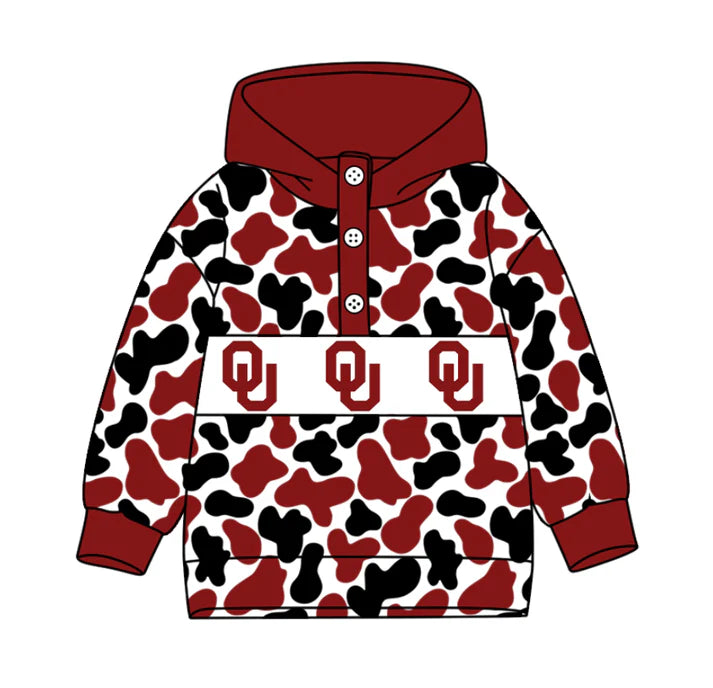 Preorder(moq 8)Baby Boys Red Black Camo OU Team Button Hoodies Top 10.11