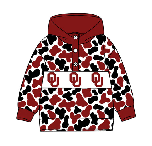 Preorder(moq 8)Baby Boys Red Black Camo OU Team Button Hoodies Top 10.11