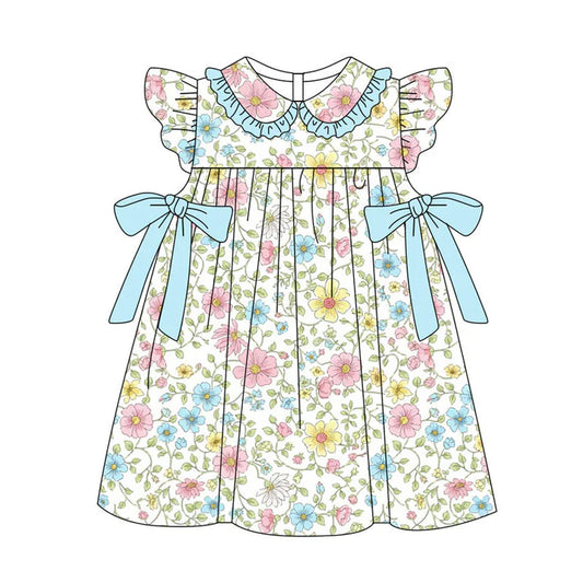 Preorder(moq 5) Baby Girls Flutter Sleeve Pink Blue Flowers Bows Knee Length Dresses 11.11