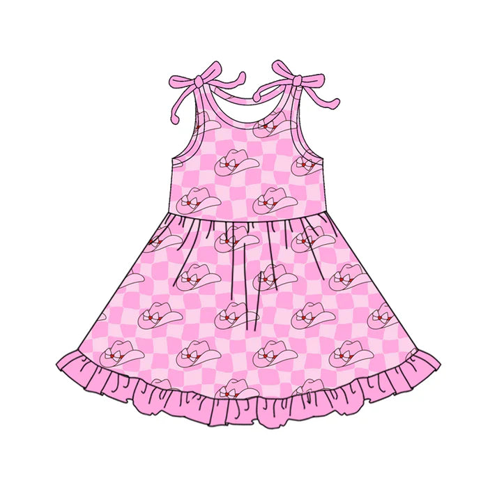 Preorder (moq 5)Baby Girls Bows Sleeveless Pink Checked Hats Western Ruffle Knee Length Dresses 12.18