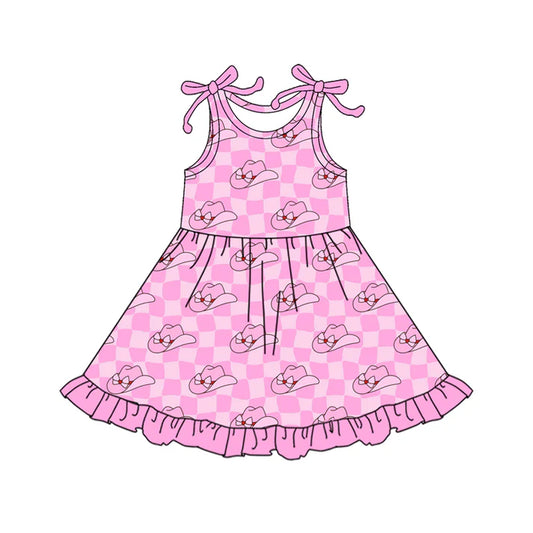 Preorder (moq 5)Baby Girls Bows Sleeveless Pink Checked Hats Western Ruffle Knee Length Dresses 12.18
