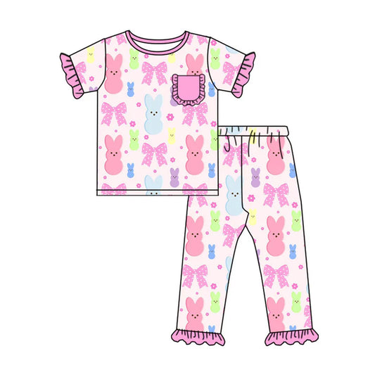 Preorder (moq 8)Baby Girls Colorful Flowers Rabbits Top Ruffle Pants Easter Pajamas Sets 9.17