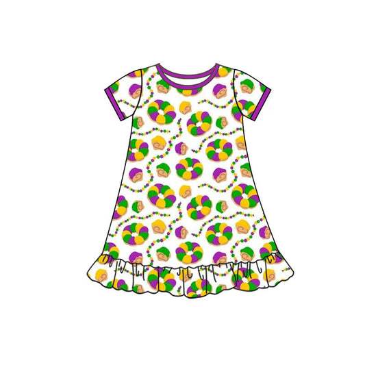 Preorder(moq 5) Baby Girls Mardigras Short Sleeve Donuts Plaid Ruffle Knee Length Dresses 10.10
