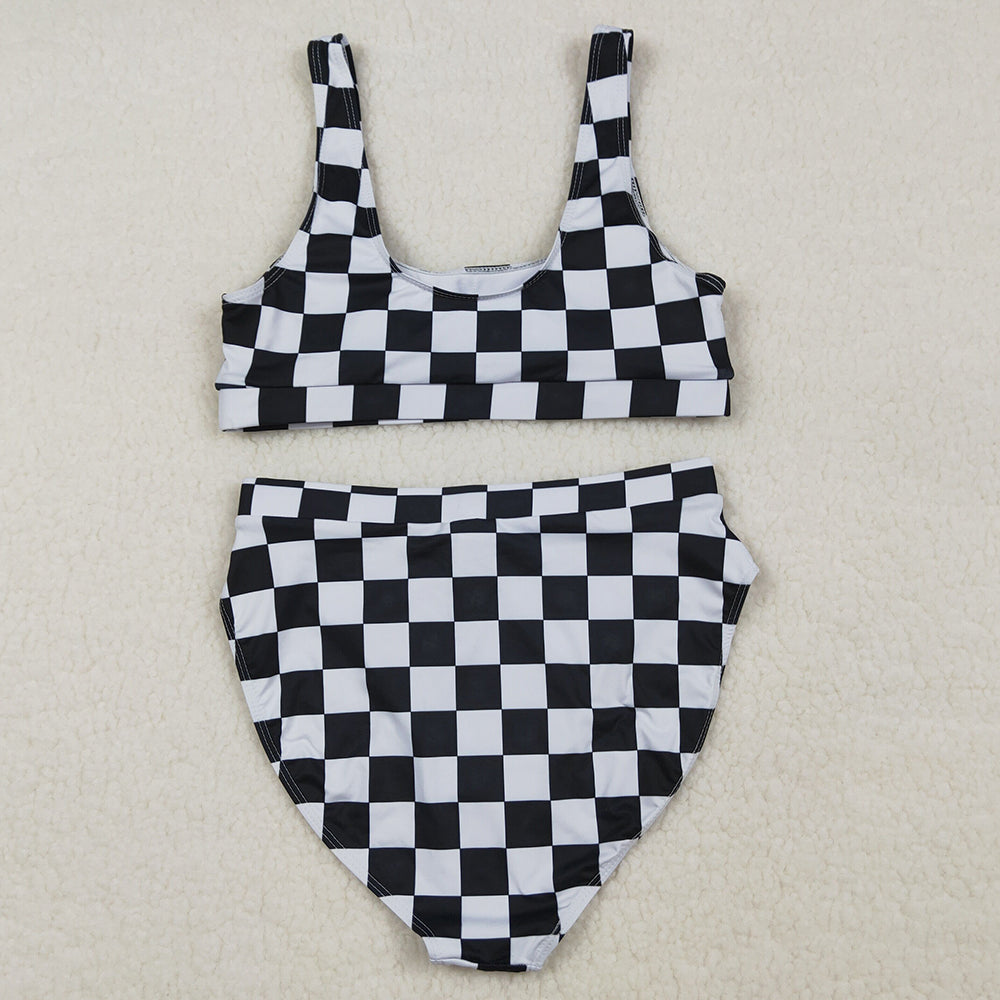 Adult Women Swimsuits Black Checkered Bra Top Bummies Bottom Swimsuits Sets S0738