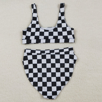 Adult Women Swimsuits Black Checkered Bra Top Bummies Bottom Swimsuits Sets S0738