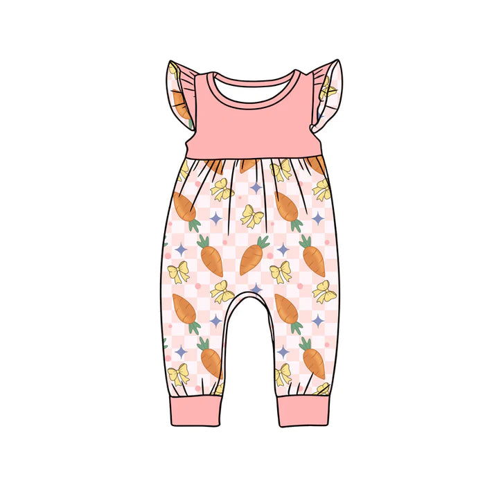 Preorder (moq 5)Baby Girls Flutter Sleeve Peach Checked Carrots Bows Easter Footie Rompers 12.16